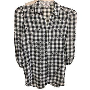 Nanette Lepore XXS Semi Sheer Black Plaid Long Sleeve Blouse Swiss Dot Button